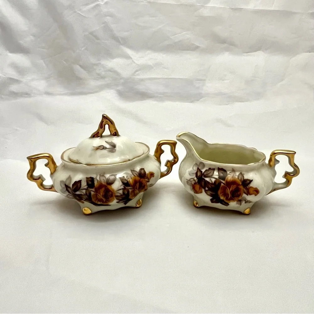 Royal Sealy Sugar Bowl w/ Lid & Creamer, Brown Orange Floral Pattern, VTG EUC
